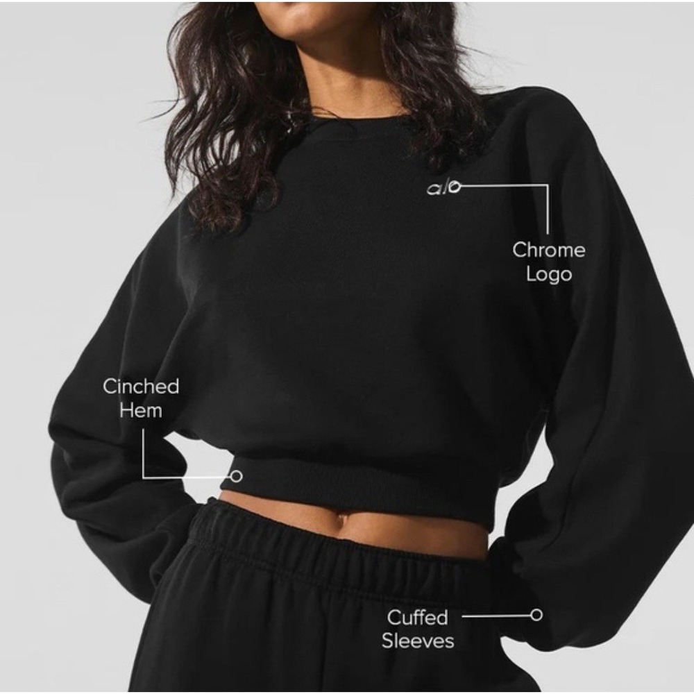 Alo Yoga Accolade Cropped Sweatshirt Black Pullover Fleece Crewneck XS S - Picture 2 of 5